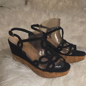 Prada Black Suede Cork Platform Loop-Wedge Sandals Size 37 * 3.5 Inches Heel